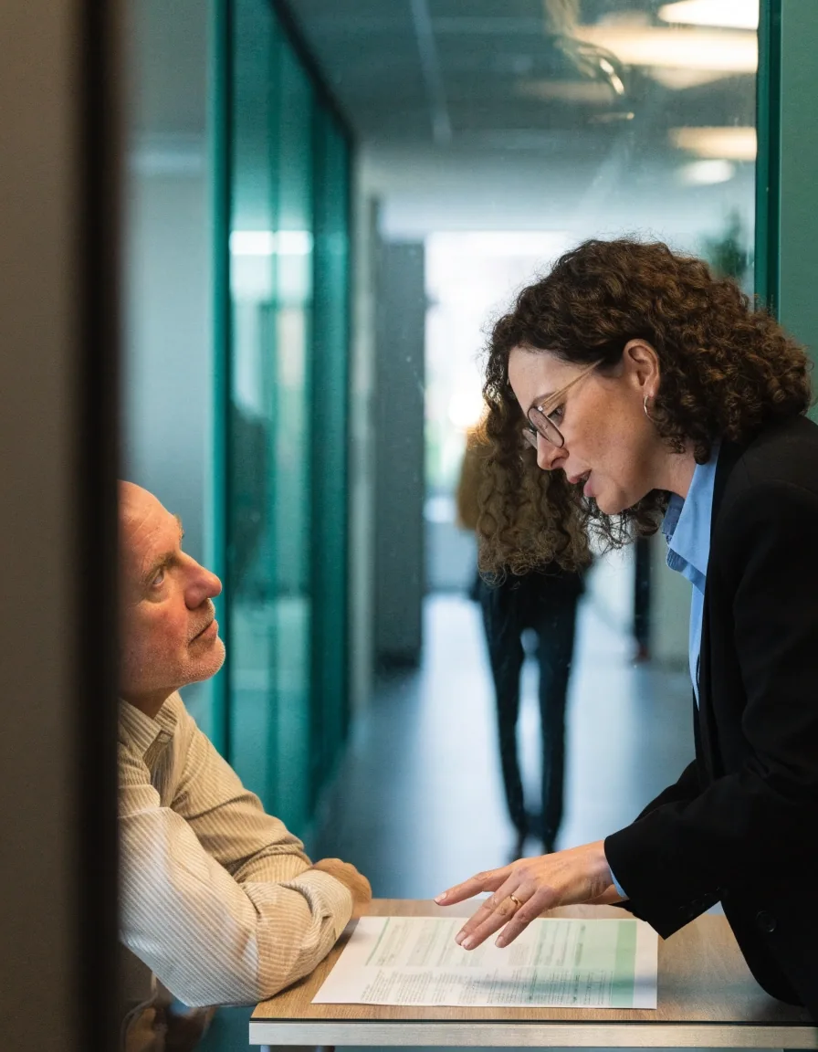 Asesor y trabajador revisando el plan de pensiones de empleo de su empresa