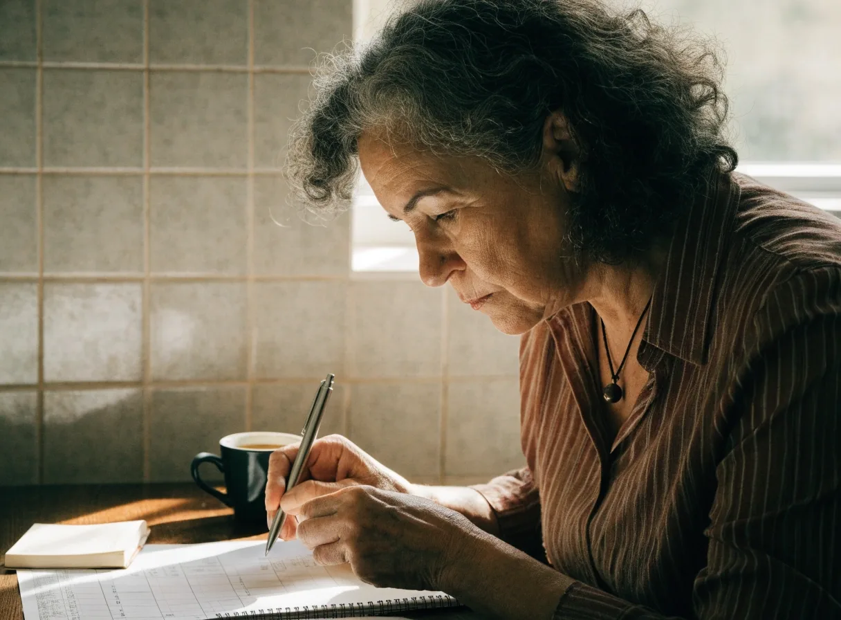 Persona anotando en un cuaderno los meses sin cotización de su vida laboral