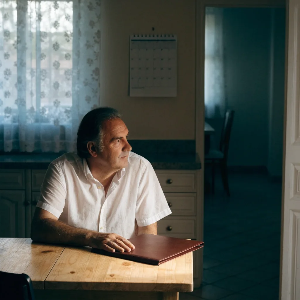 Hombre de unos sesenta años mirando por la ventana de su despacho al atardecer, antes de decidir cuándo retirarse