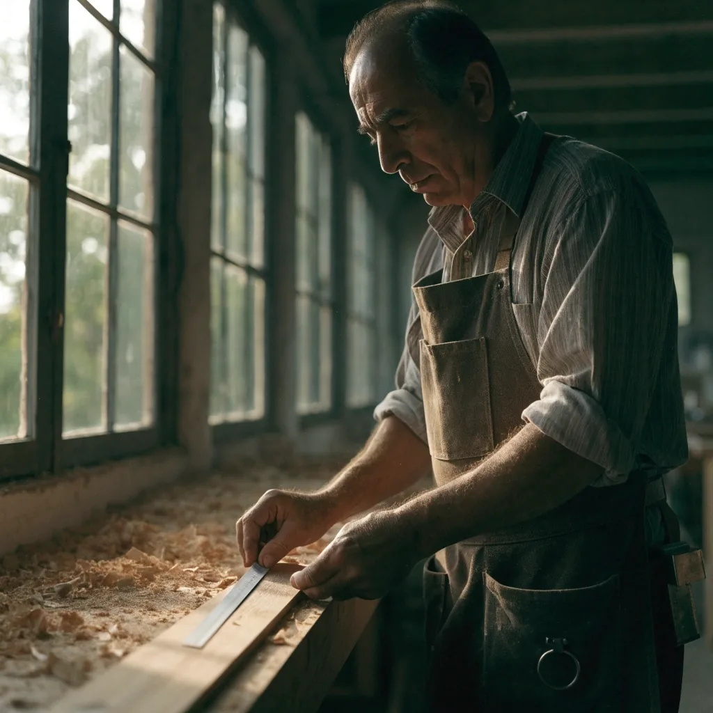 Hombre de más de sesenta años trabajando con una regla plegable en un taller de carpintería