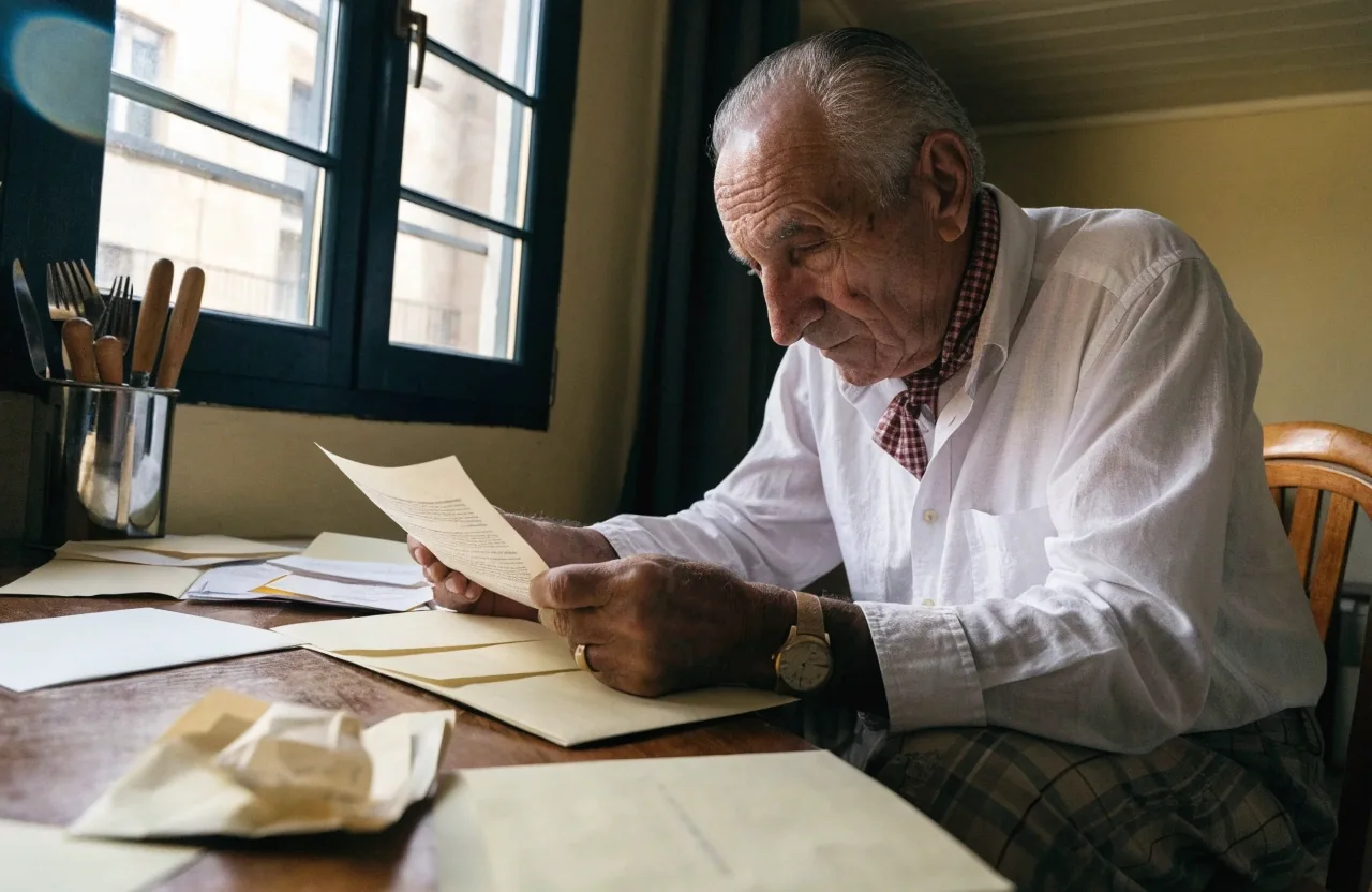 Hombre mayor revisando documentación de su pensión en casa