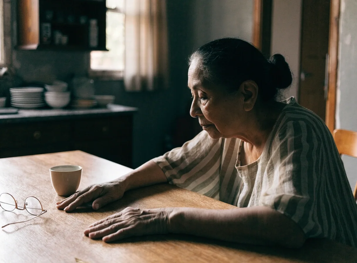 Manos de una mujer mayor sobre una mesa de madera junto a sus gafas, con luz cálida de ventana