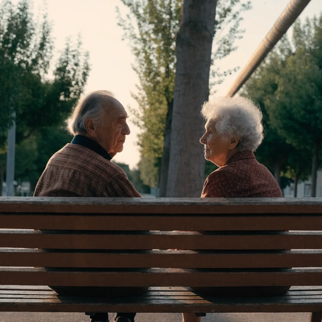 Pareja de jubilados conversando en un banco de un parque de Zaragoza al atardecer