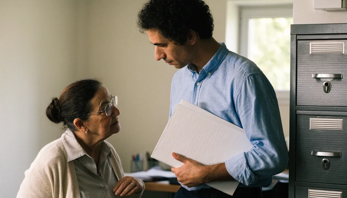 Dos personas conversando en un despacho con una carpeta cerrada sobre la mesa