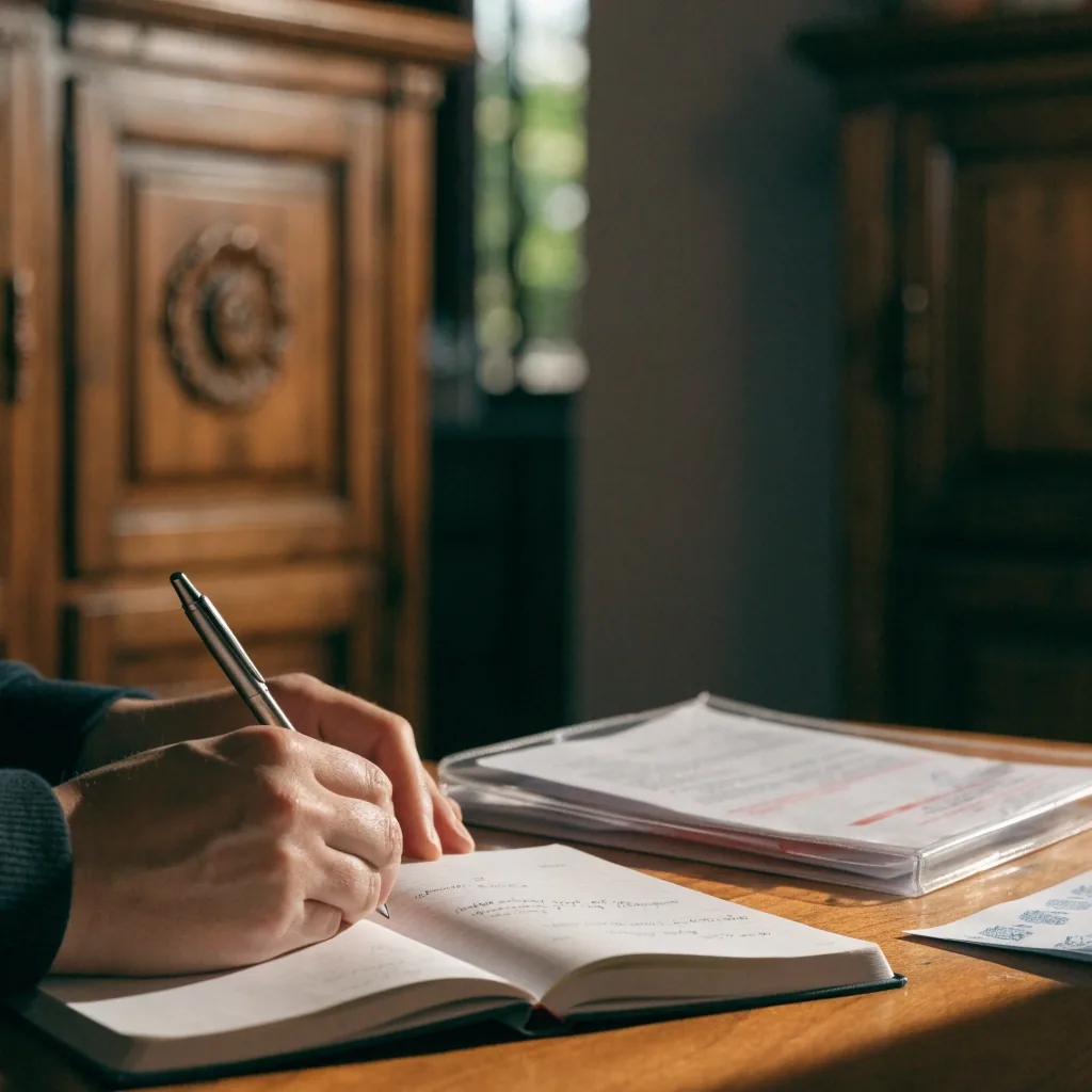 Persona anotando datos en un cuaderno junto a una carpeta abierta en una mesa