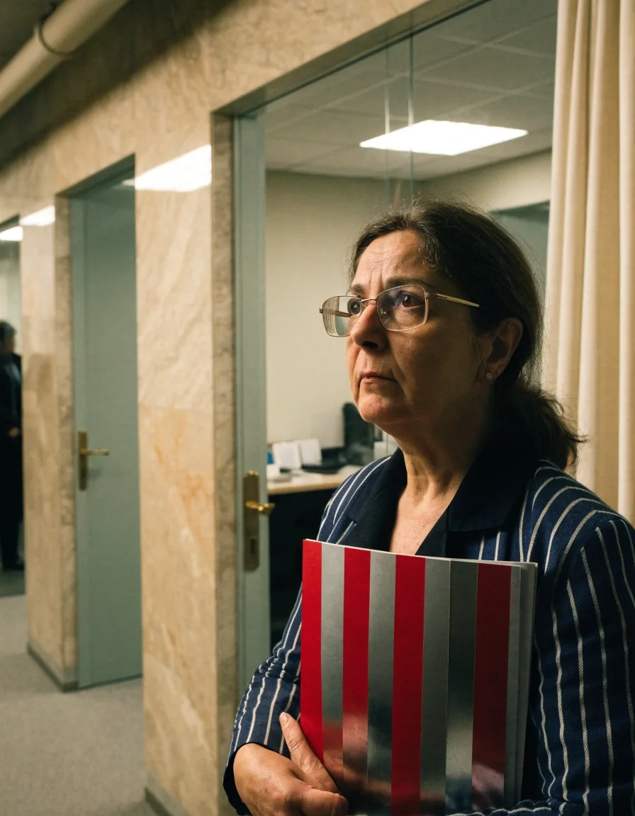 Persona con una carpeta de documentos en el pasillo de una oficina administrativa