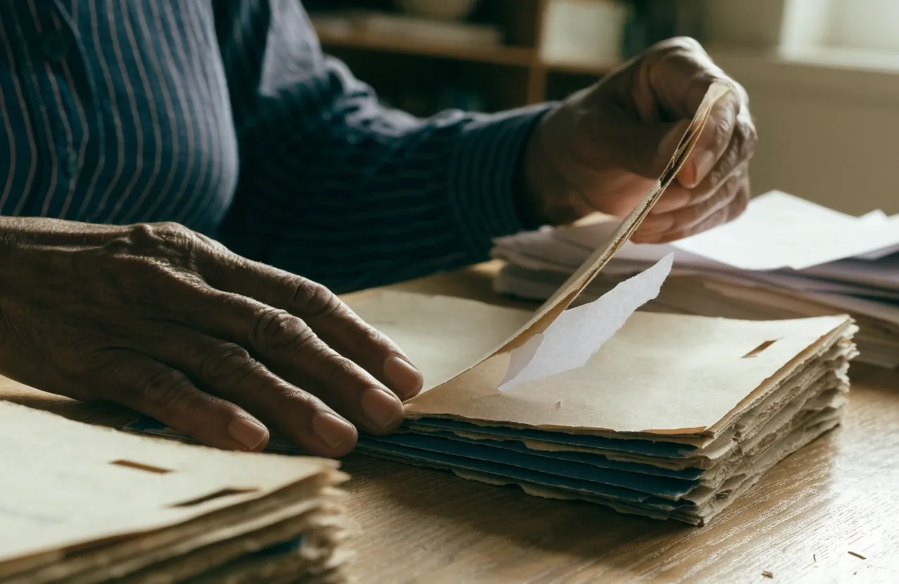 Hombre mayor ordenando documentos de distintas prestaciones sobre una mesa de madera