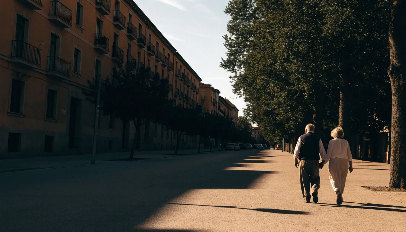 Pareja mayor paseando al atardecer por una calle tranquila de Zaragoza