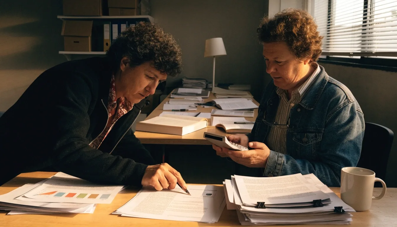 Mesa de trabajo del equipo editorial con boletines oficiales impresos y documentación sobre pensiones
