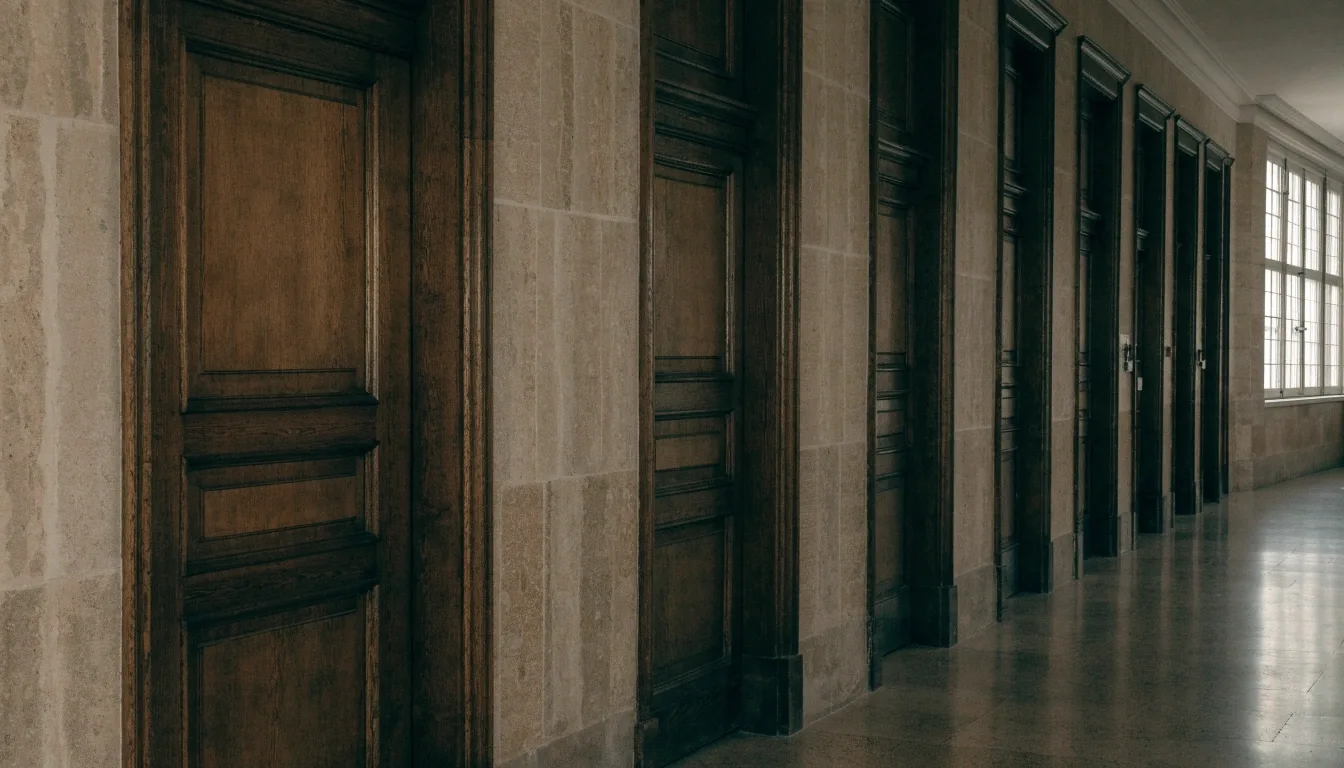 Pasillo de un edificio administrativo público con luz natural entrando por las ventanas