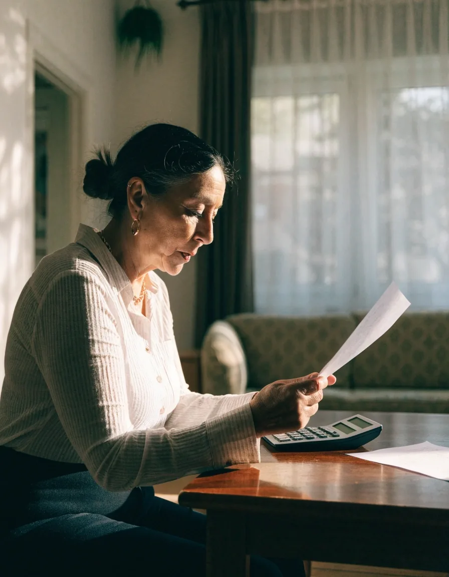 Persona revisando documentos sobre pensiones en una mesa junto a la ventana